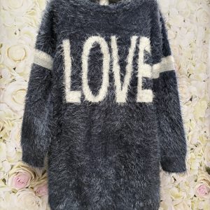 Fluffy Long Sleeve Navy Dress